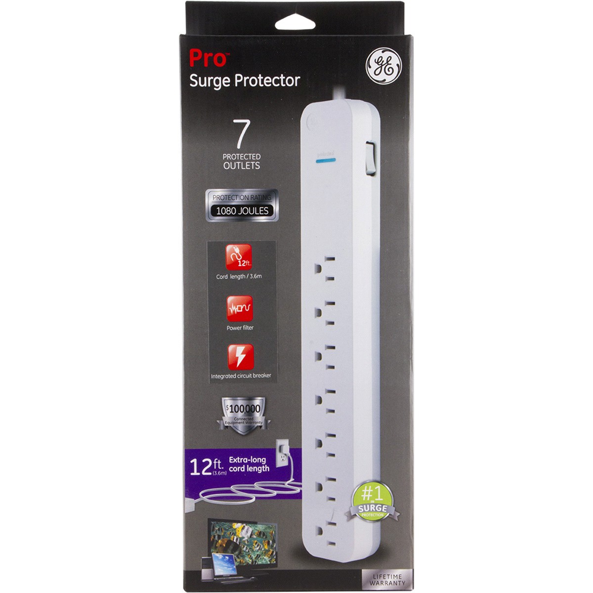 slide 4 of 8, GE 7-Outlet Power Strip Surge Protector, Extra-Long Cord, 36360, 12 ft