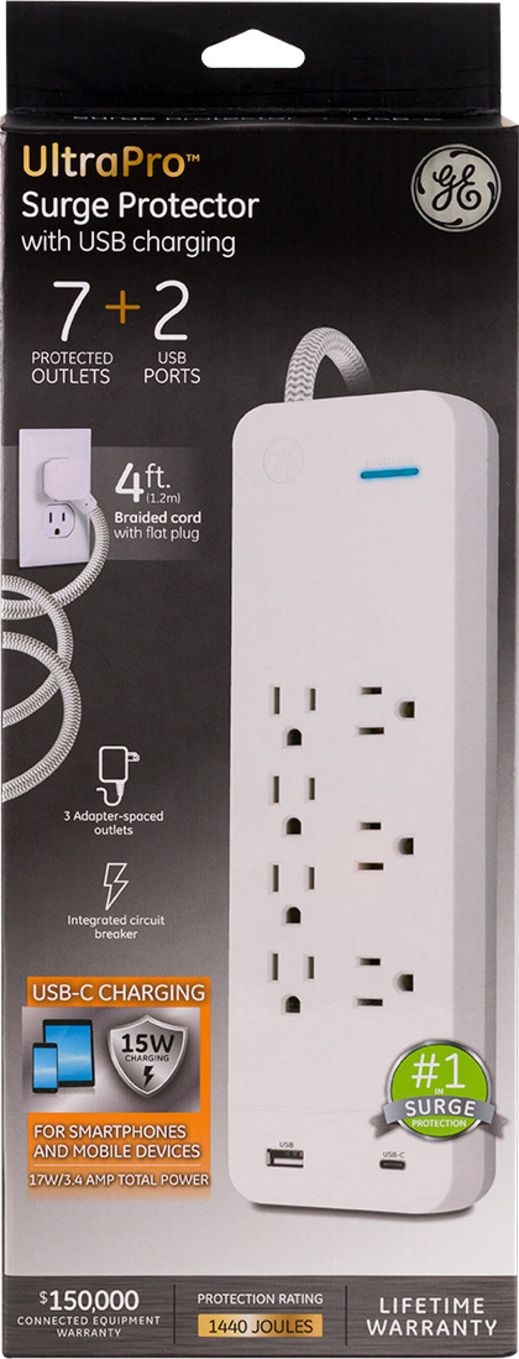 slide 1 of 1, GE 7-Outlet Surge Protector Cord Wht, 4 ft