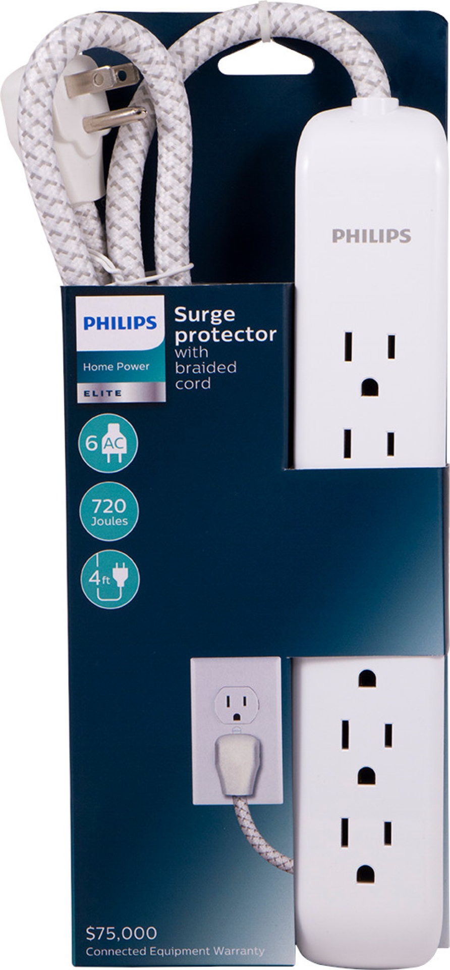 slide 1 of 1, Philips Elite 6-Outlet Surge Protector White, 4 ft