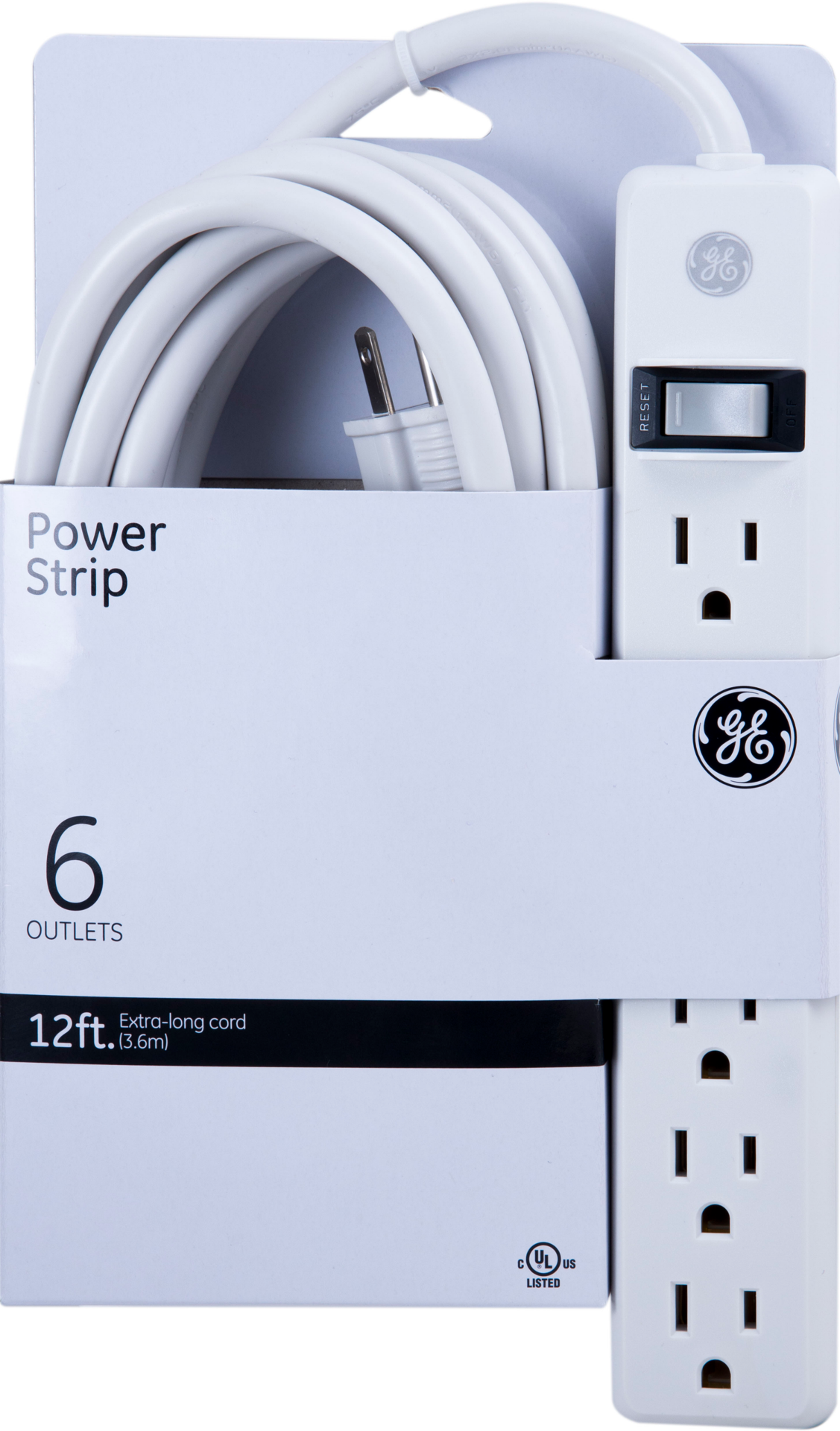 slide 1 of 1, GE 6-Outlet Power Strip Cord, White, 12 ft