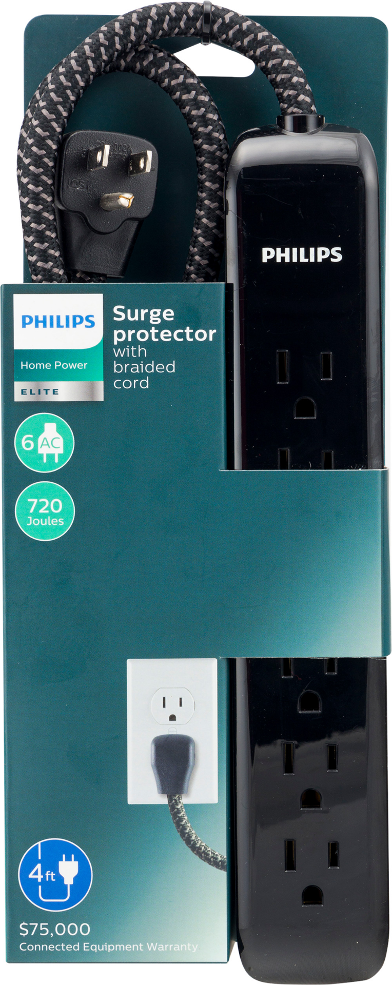 slide 1 of 1, Philips 6-Outlet Surge Protector, 720J Braided Cord, Black/Gray, 4 ft