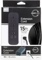 Cordinate 3-Outlet Grounded Extension Cord Black Heather