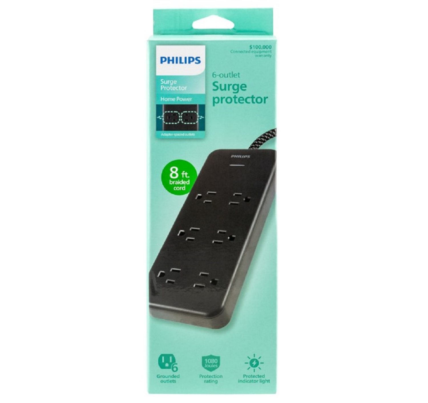 slide 1 of 1, Philips 6-Outlet 8 ft Cord Surge Protector 1 ea, 1 ct