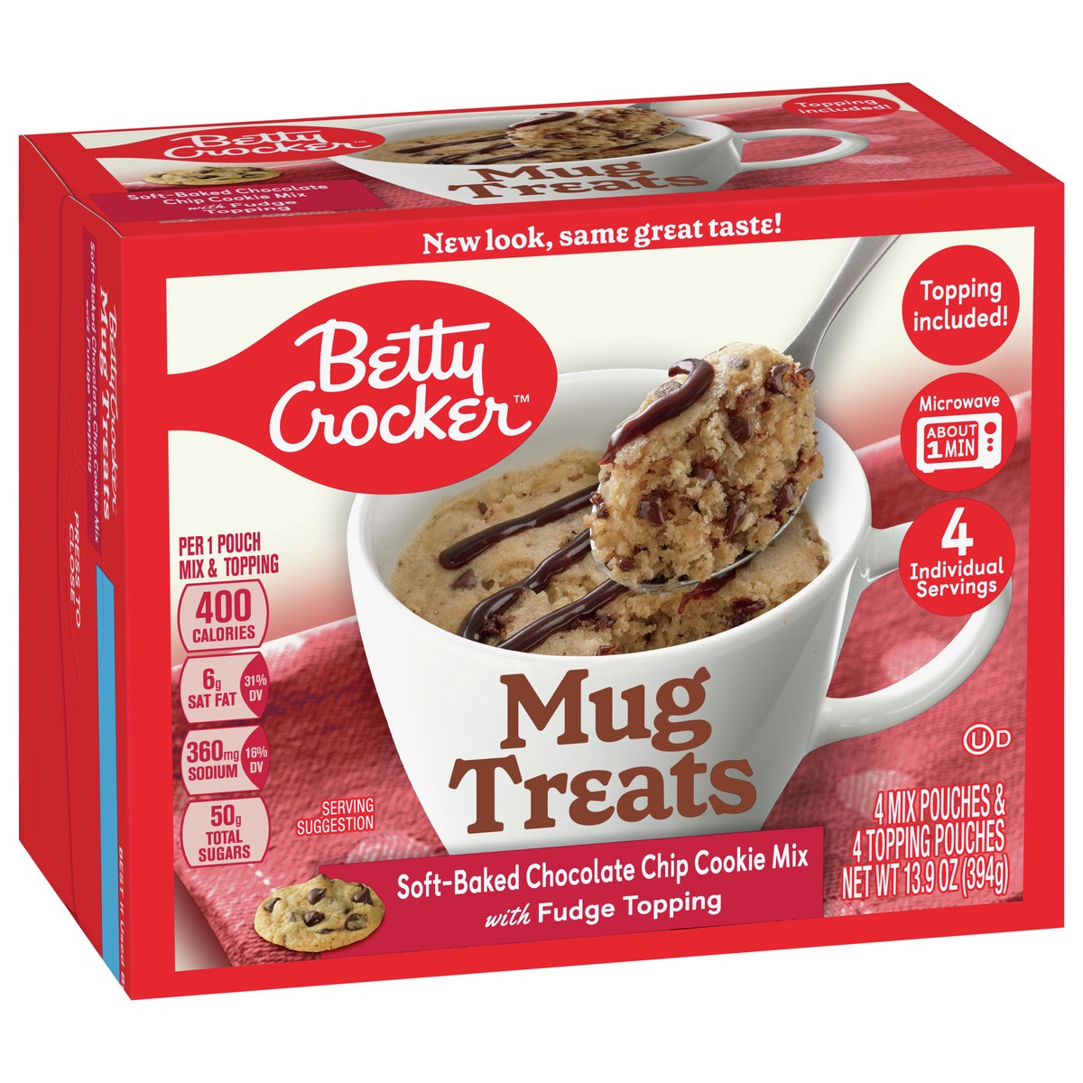 slide 4 of 9, Betty Crocker Mug Treats Soft-Baked Chocolate Chip Cookie Mix with Fudge Topping, 4 Servings, 4 ct