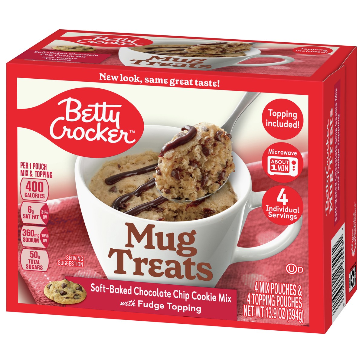 slide 2 of 9, Betty Crocker Mug Treats Soft-Baked Chocolate Chip Cookie Mix with Fudge Topping, 4 Servings, 4 ct