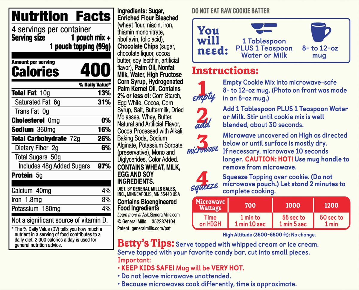 slide 6 of 9, Betty Crocker Mug Treats Soft-Baked Chocolate Chip Cookie Mix with Fudge Topping, 4 Servings, 4 ct