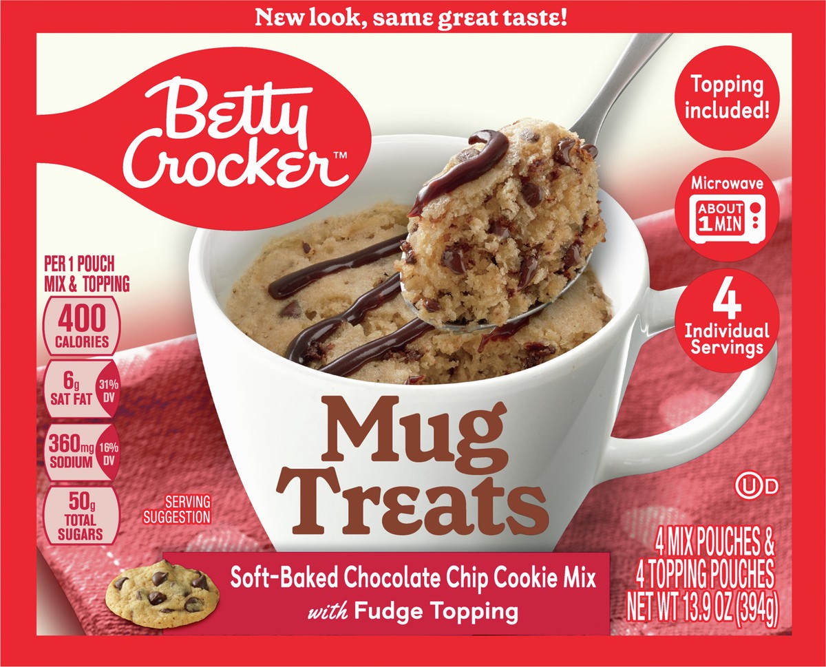 slide 7 of 9, Betty Crocker Mug Treats Soft-Baked Chocolate Chip Cookie Mix with Fudge Topping, 4 Servings, 4 ct