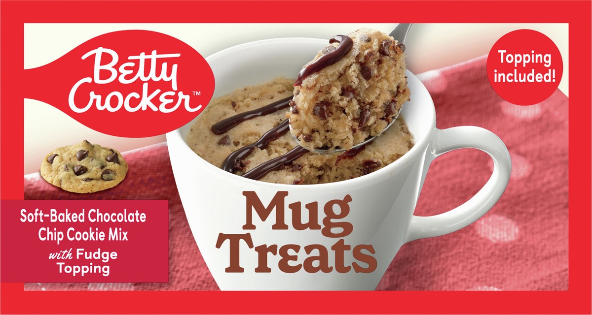 slide 9 of 9, Betty Crocker Mug Treats Soft-Baked Chocolate Chip Cookie Mix with Fudge Topping, 4 Servings, 4 ct