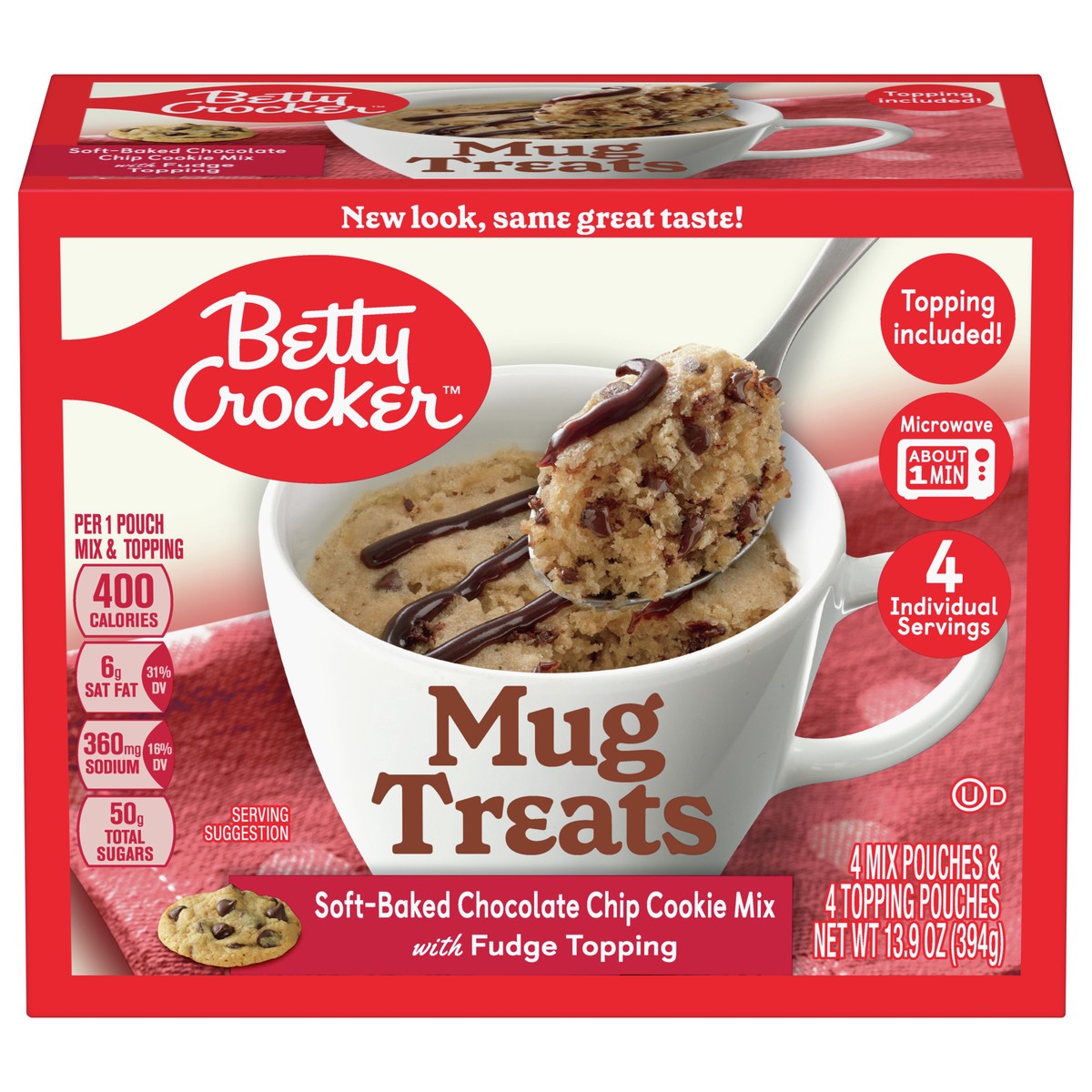 slide 1 of 9, Betty Crocker Mug Treats Soft-Baked Chocolate Chip Cookie Mix with Fudge Topping, 4 Servings, 4 ct