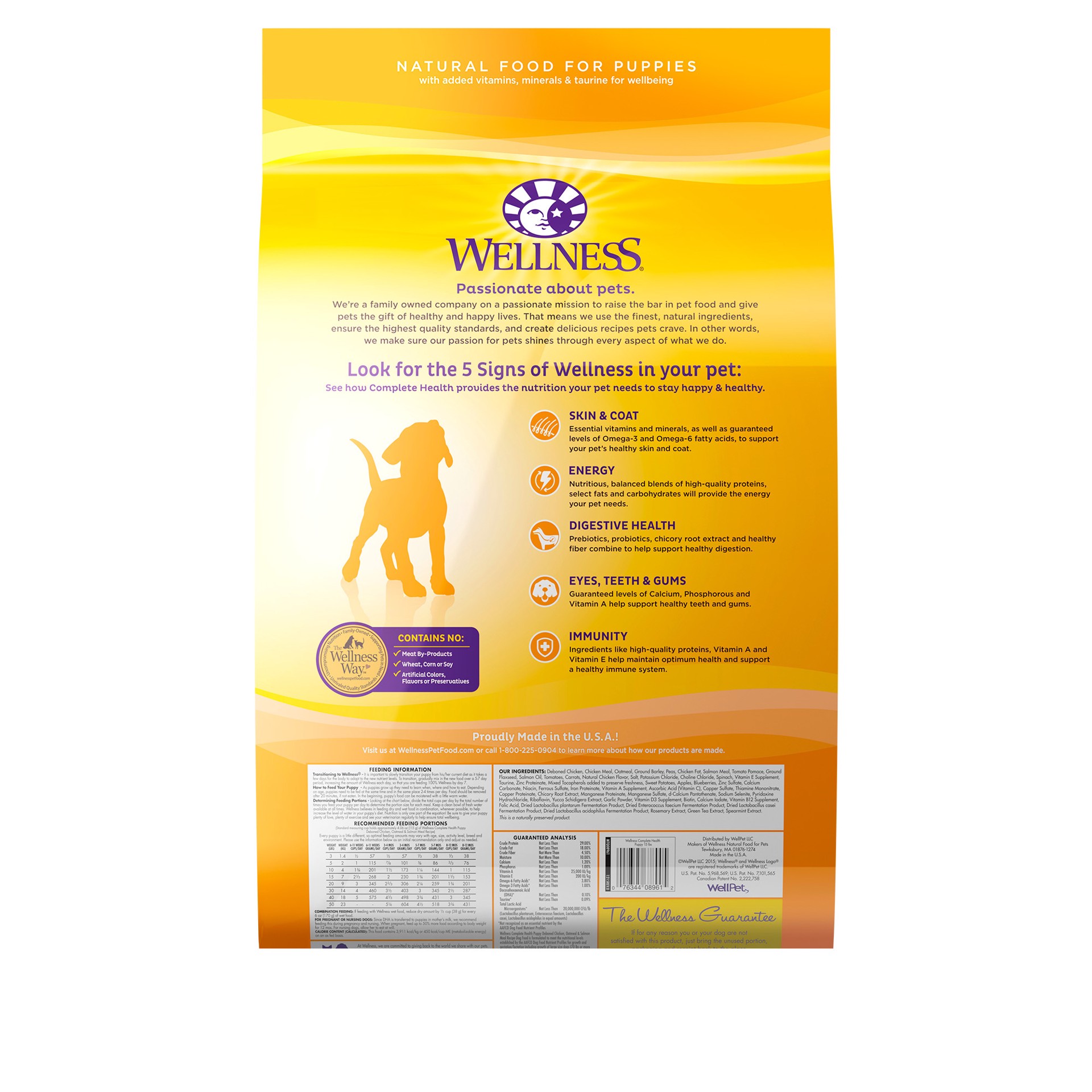 slide 3 of 5, Wellness Complete Health Puppy Dry Dog Food, Wholesome Grains, Natural, Chicken, Oatmeal, & Salmon Recipe, (15-Pound Bag), 1 ct