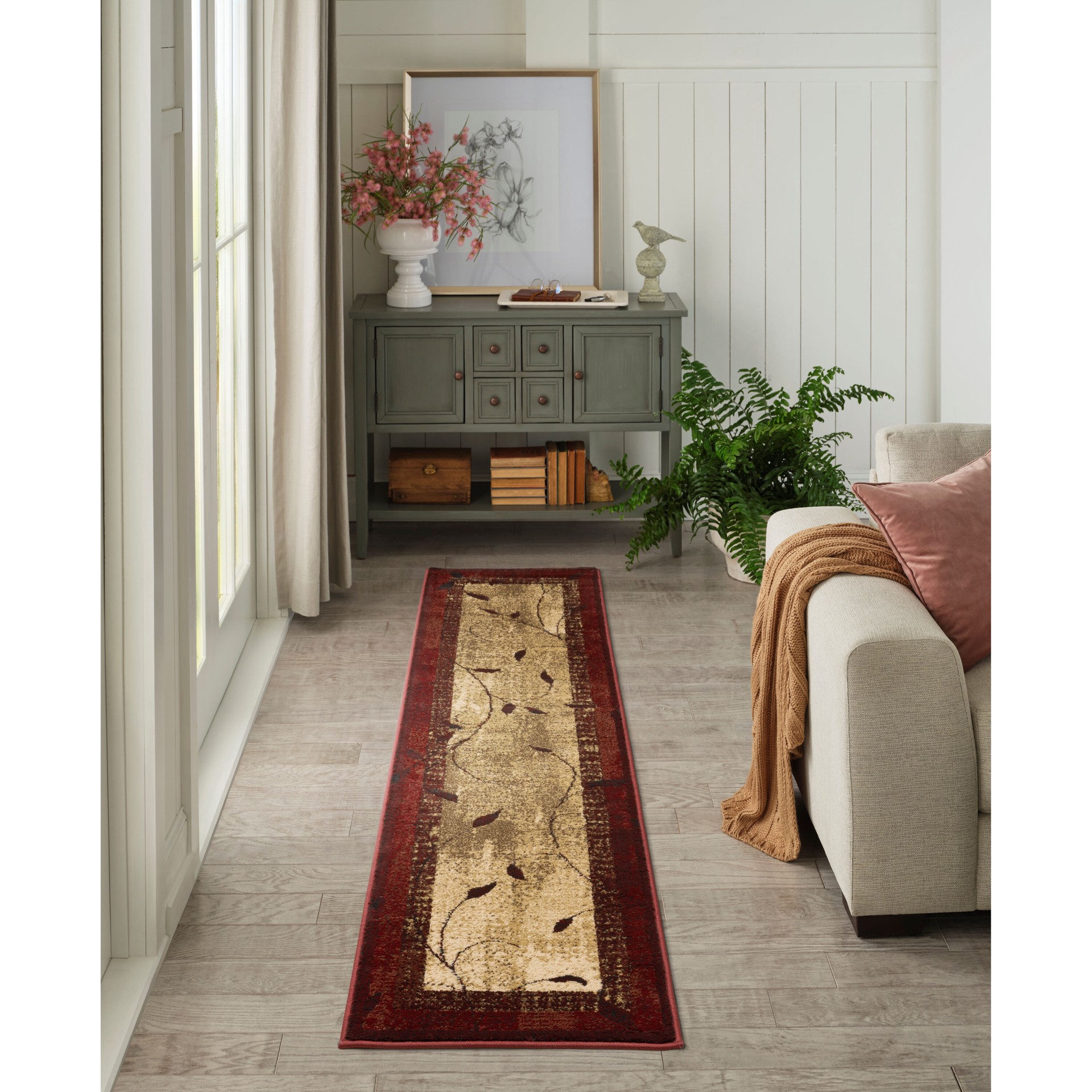slide 1 of 6, allen + roth Tinsley Red 2 x 8 (ft) Loomed Red Rectangular Indoor Border Farmhouse/Cottage Pet Friendly Runner rug, 1 ct