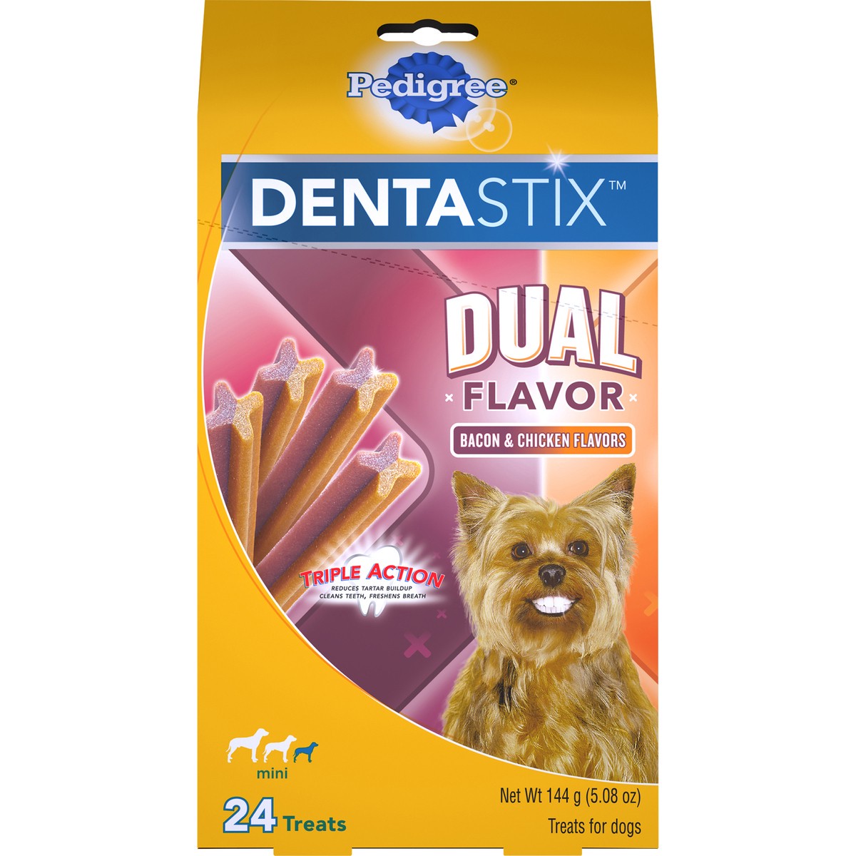 slide 3 of 14, Pedigree Dentastix Dual Flavor Bacon & Chicken Flavors Mini Treats for Dogs 5.08 oz. Box, 5.08 oz