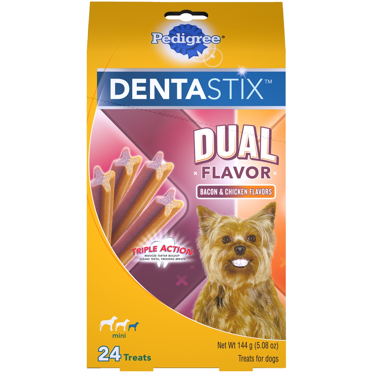 slide 1 of 14, Pedigree Dentastix Dual Flavor Bacon & Chicken Flavors Mini Treats for Dogs 5.08 oz. Box, 5.08 oz