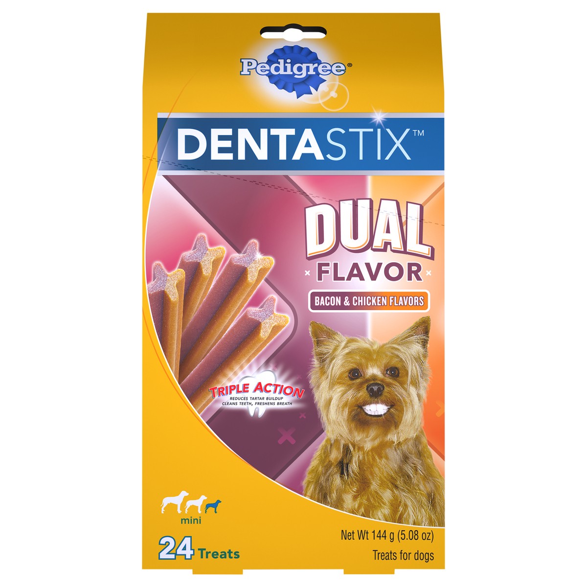 slide 11 of 14, Pedigree Dentastix Dual Flavor Bacon & Chicken Flavors Mini Treats for Dogs 5.08 oz. Box, 5.08 oz