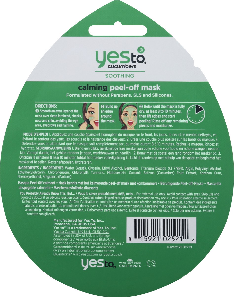 slide 5 of 9, Yes to Cucumbers For Sensitive Skin Calming Soothing Peel Off Mask 1 ea, 0.33 oz