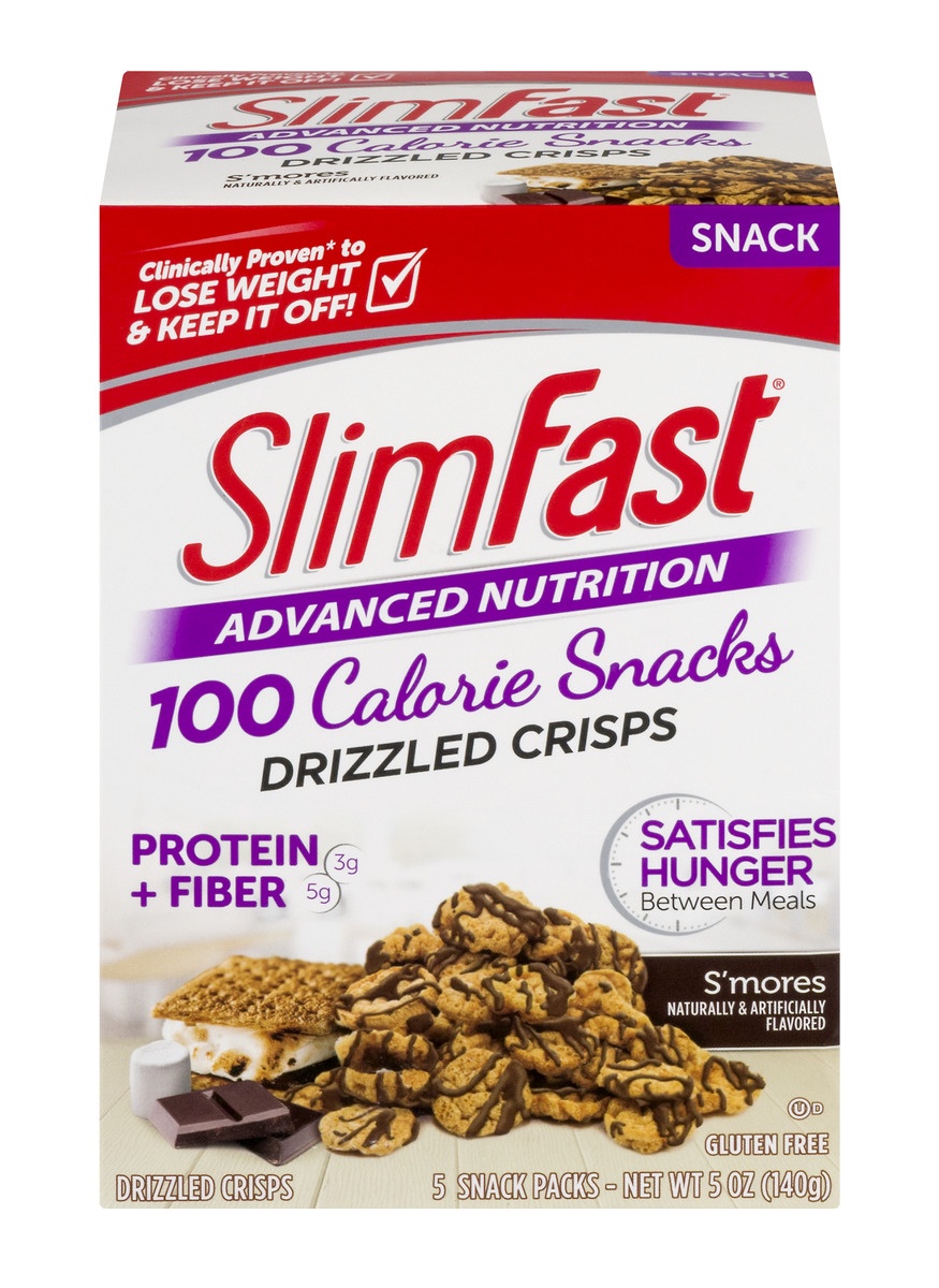 slide 1 of 1, SlimFast Advanced Nutrition 100 Calorie Snacks S'mores Drizzled Crisps, 5 oz