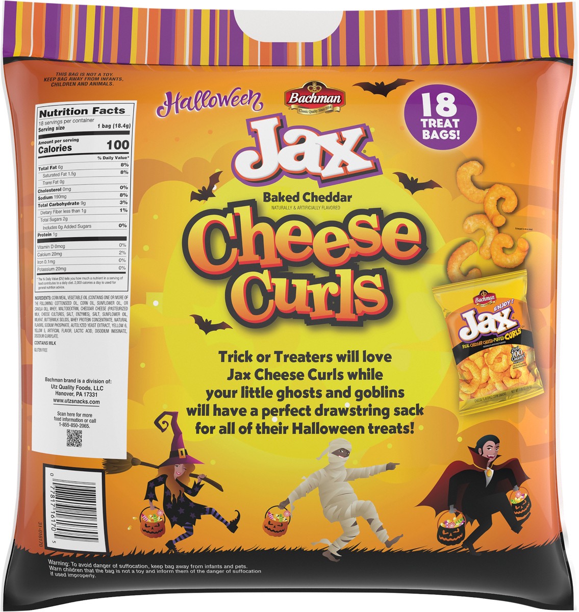 slide 3 of 7, Bachman Jax Halloween Baked Cheddar Cheese Curls 0.65 oz - 18 ea, 18 ct