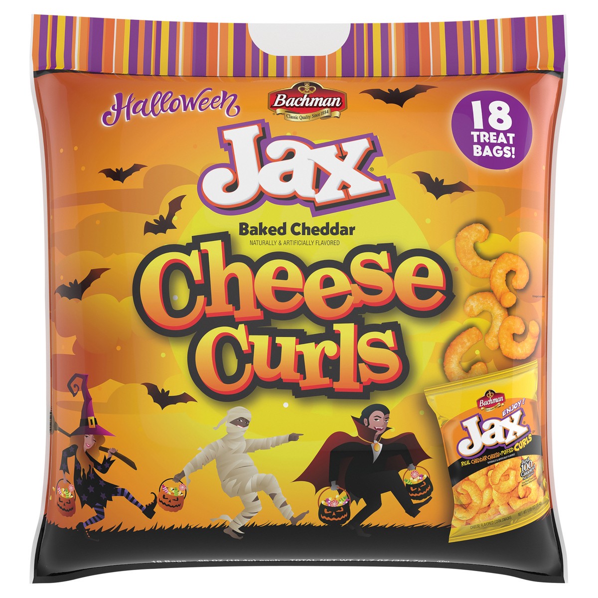 slide 1 of 7, Bachman Jax Halloween Baked Cheddar Cheese Curls 0.65 oz - 18 ea, 18 ct