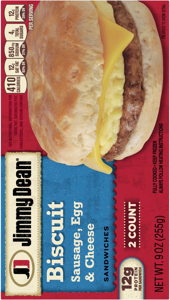 slide 7 of 8, Jimmy Dean Sausage, Egg & Cheese Biscuit Sandwiches, 2 Count (Frozen), 9 oz