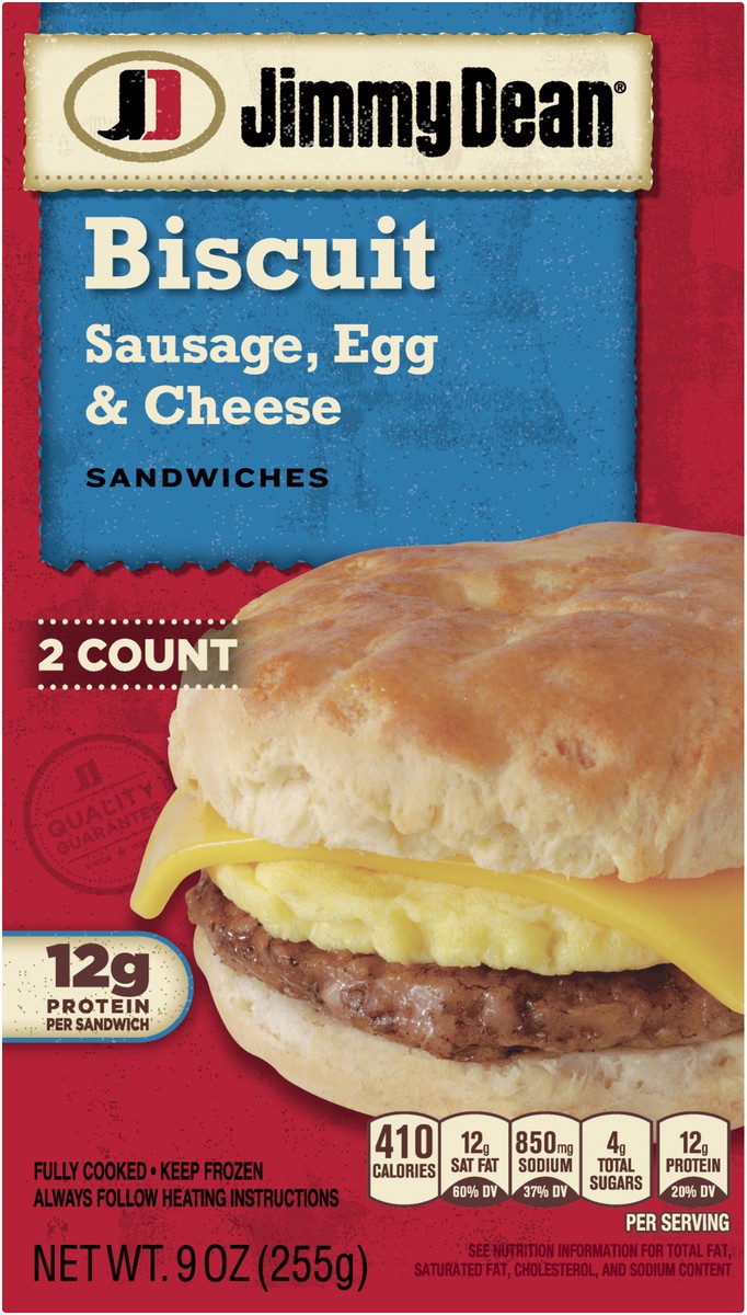 slide 3 of 8, Jimmy Dean Sausage, Egg & Cheese Biscuit Sandwiches, 2 Count (Frozen), 9 oz