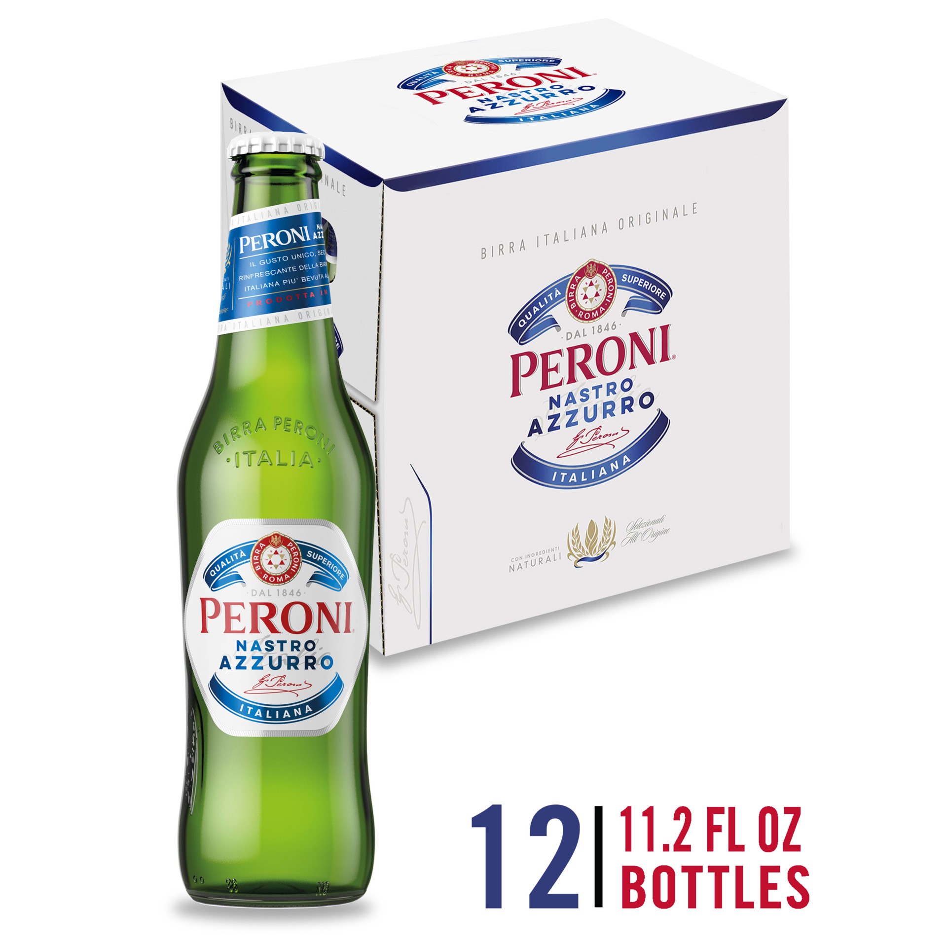 slide 1 of 2, Peroni Nastro Azzurro Lager Beer, Import Lager Beer, 12-pack, 11.16ML beer bottles, 5% ABV, 330 ml