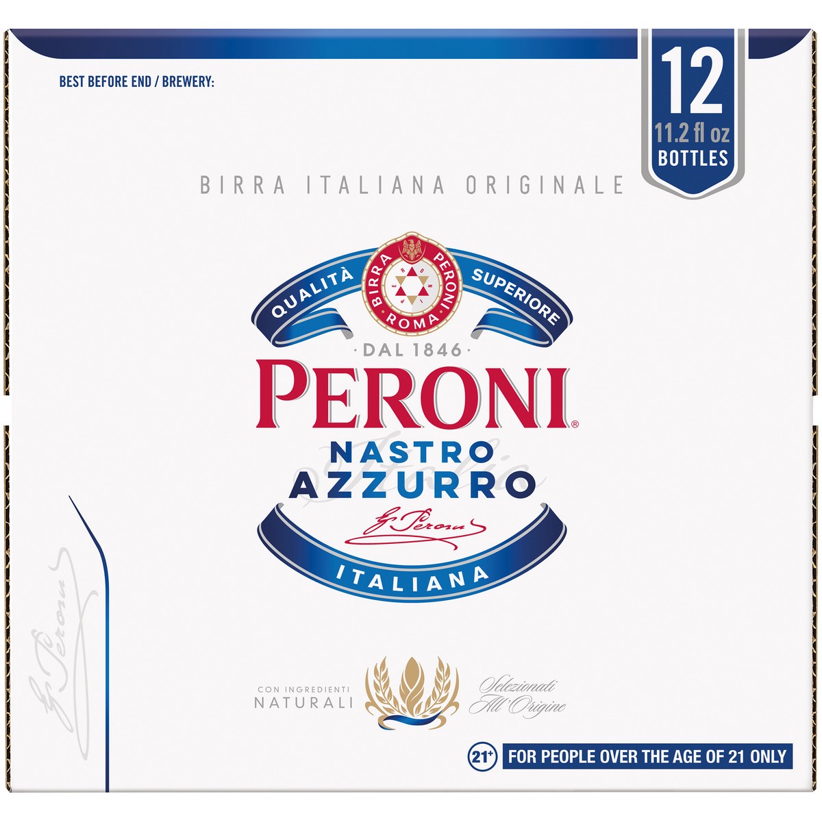 slide 1 of 2, Peroni Nastro Azzurro Italian Beer 5% ABV, 12-pack, 11.2-oz. beer bottles, 330 ml