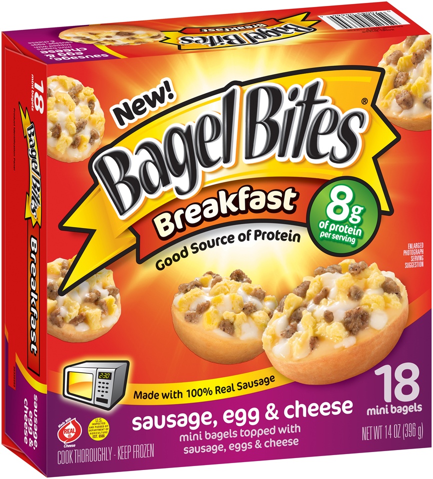 slide 1 of 1, Bagel Bites Breakfast Sausage, Egg & Cheese Mini Bagels Box, 18 ct; 14 oz