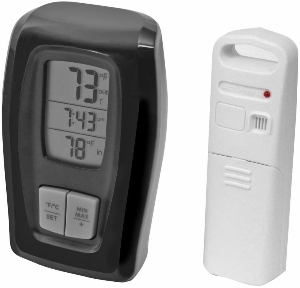 slide 1 of 1, AcuRite Indoor/Outdoor Thermometer With Clock - Black, 5 in x 2.8 in x 1.5 in