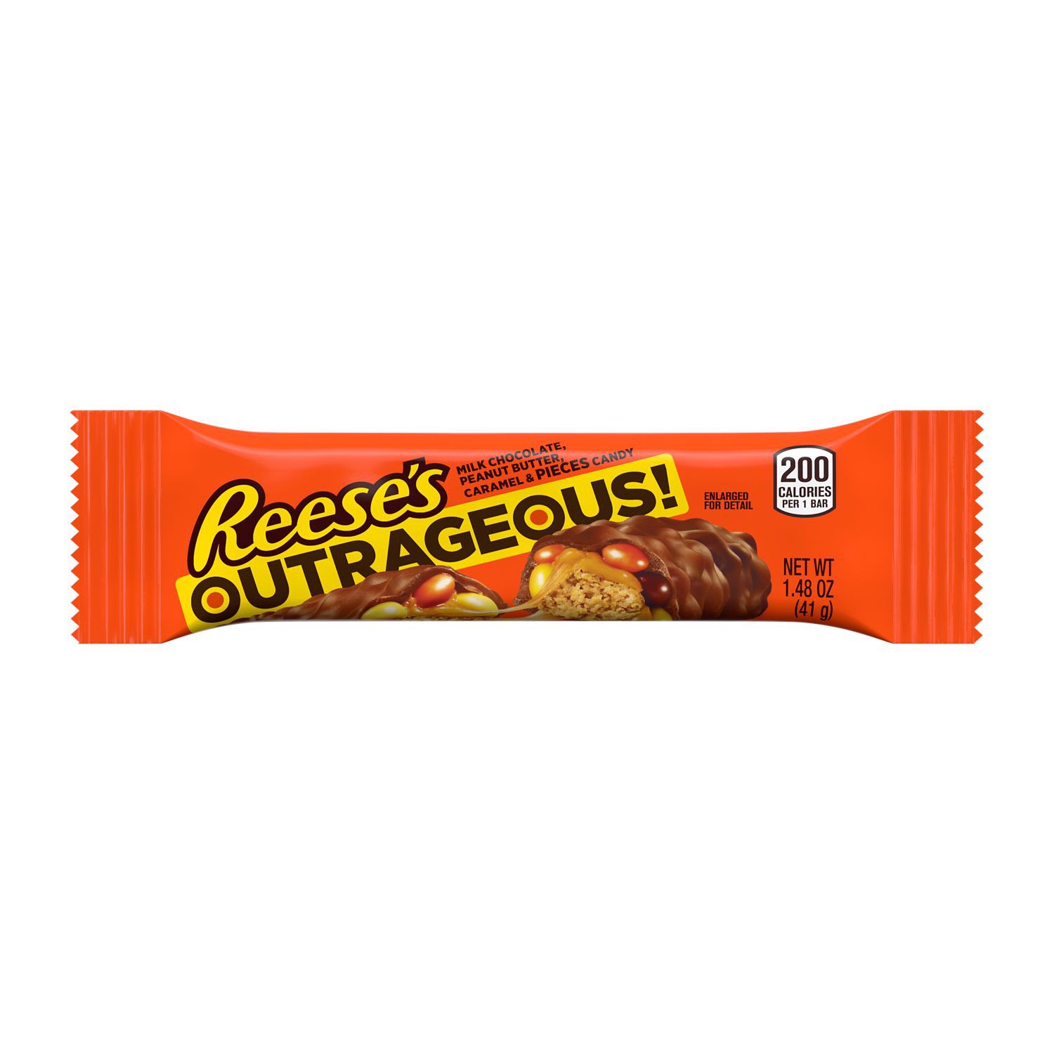 slide 4 of 6, REESE'S OUTRAGEOUS! Milk Chocolate with PIECES Candy, Peanut Butter and Caramel Candy, Full Size, 1.48 oz, Bar, 1.48 oz