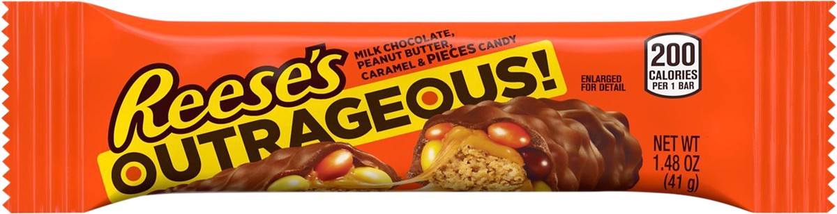 slide 1 of 6, REESE'S OUTRAGEOUS! Milk Chocolate with PIECES Candy, Peanut Butter and Caramel Candy, Full Size, 1.48 oz, Bar, 1.48 oz