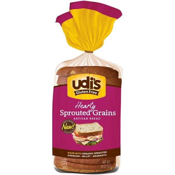 slide 1 of 1, Udi's Gluten Free Hearty Sprouted Grains Artisan Bread, 20 oz