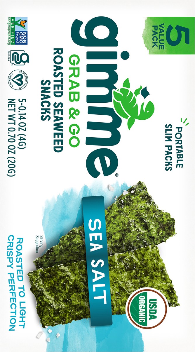 slide 3 of 14, gimme Seaweed Grab & Go Organic Premium Roasted Seaweed Snack, Sea Salt, .70oz, 5 Pack, 5 ct