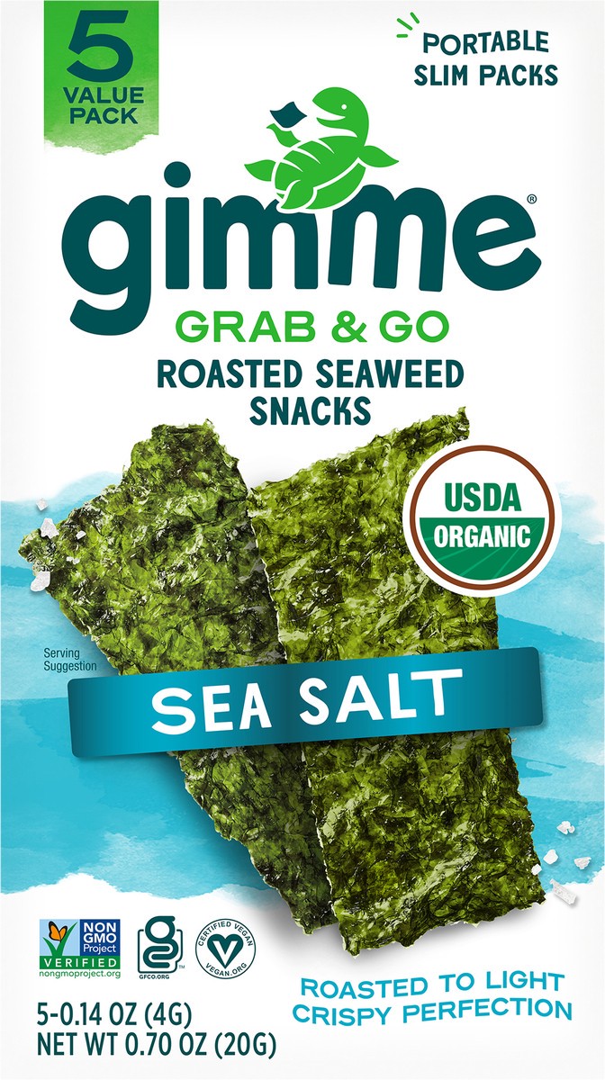 slide 14 of 14, gimme Seaweed Grab & Go Organic Premium Roasted Seaweed Snack, Sea Salt, .70oz, 5 Pack, 5 ct