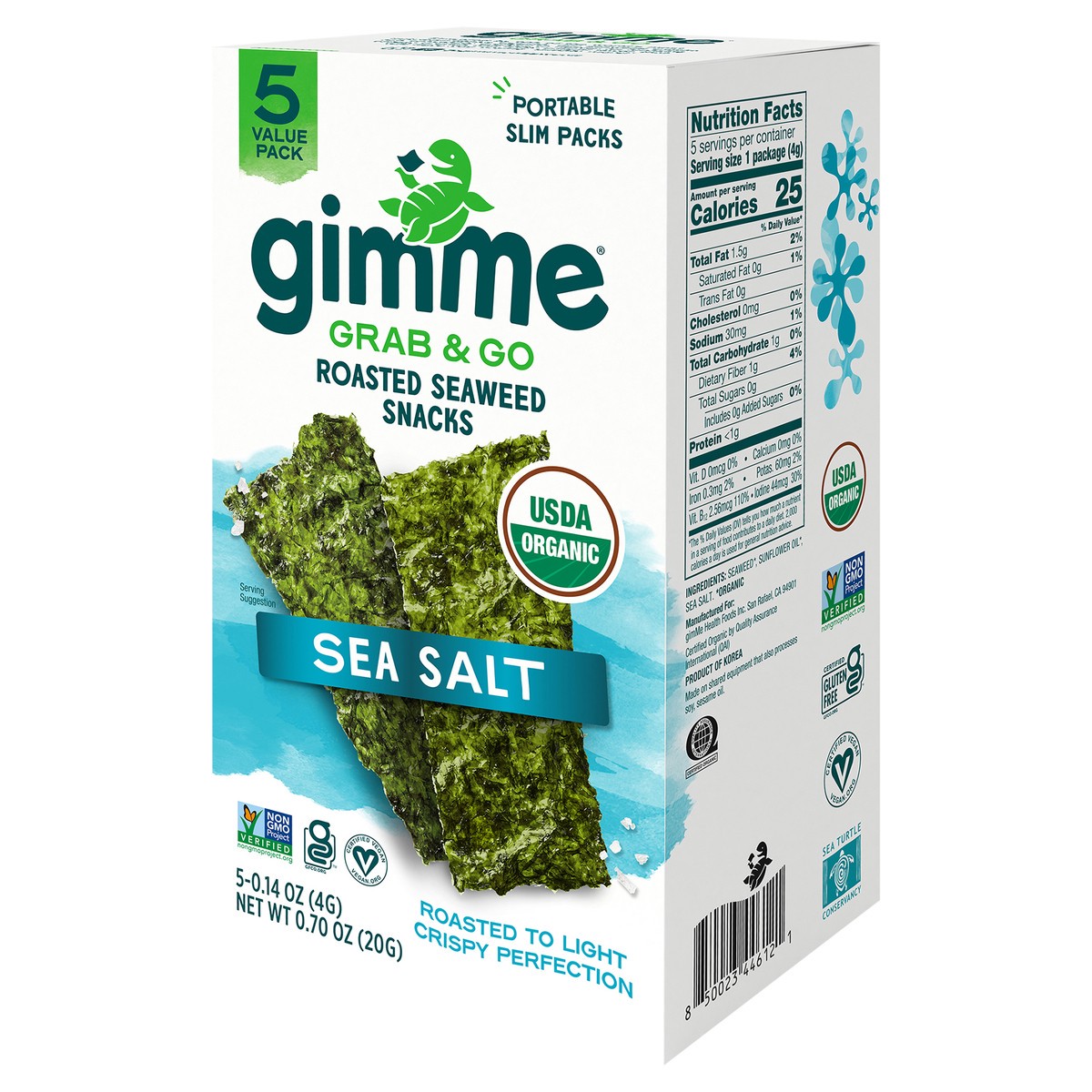 slide 5 of 14, gimme Seaweed Grab & Go Organic Premium Roasted Seaweed Snack, Sea Salt, .70oz, 5 Pack, 5 ct
