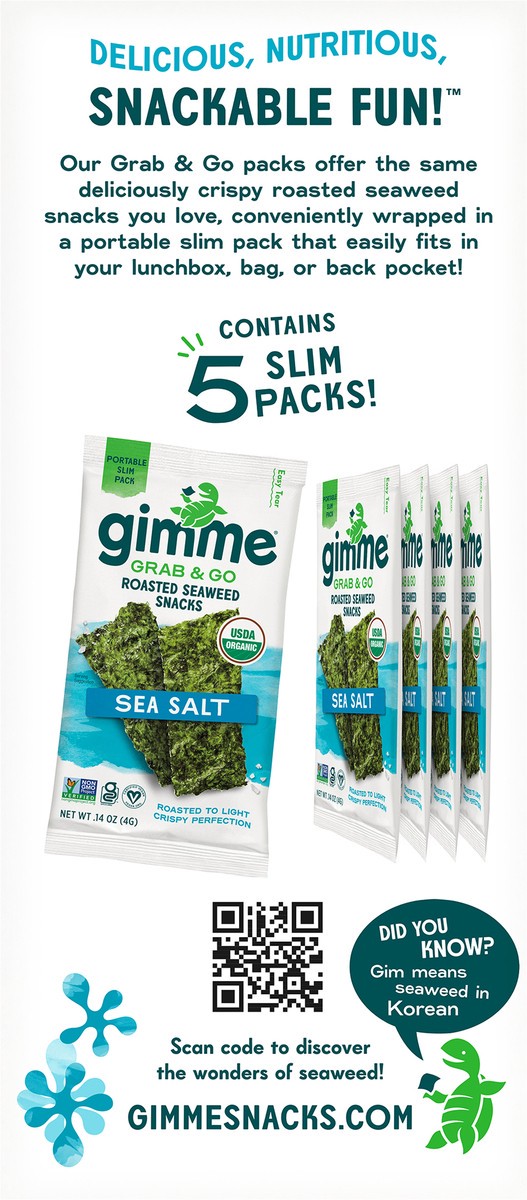 slide 7 of 14, gimme Seaweed Grab & Go Organic Premium Roasted Seaweed Snack, Sea Salt, .70oz, 5 Pack, 5 ct