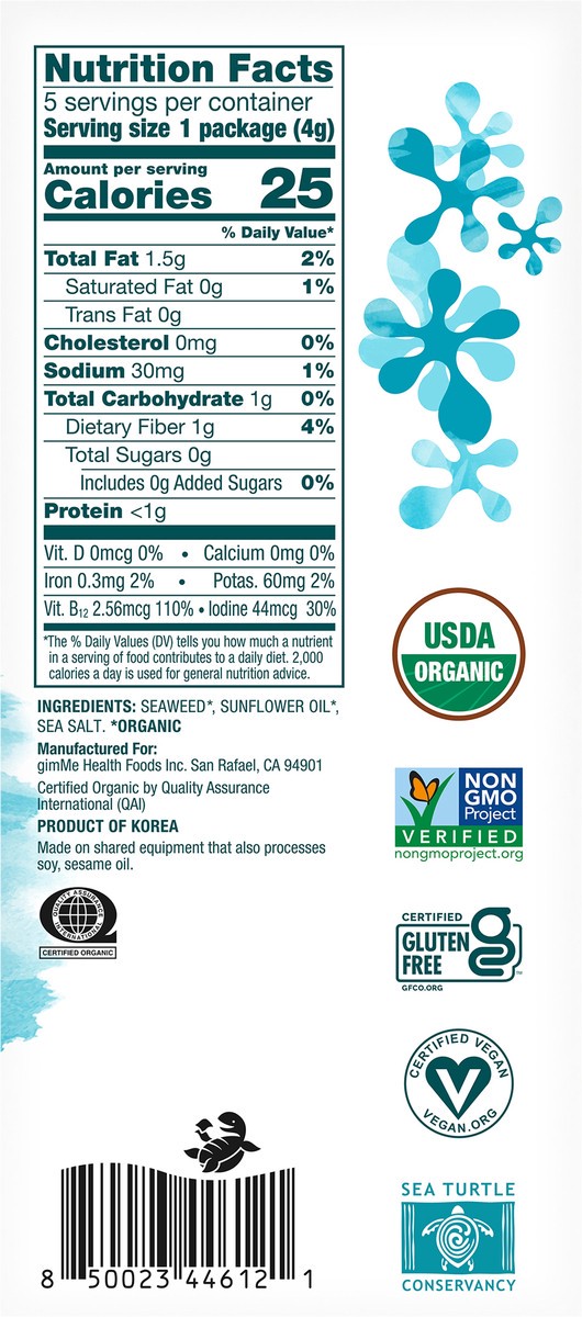 slide 8 of 14, gimme Seaweed Grab & Go Organic Premium Roasted Seaweed Snack, Sea Salt, .70oz, 5 Pack, 5 ct