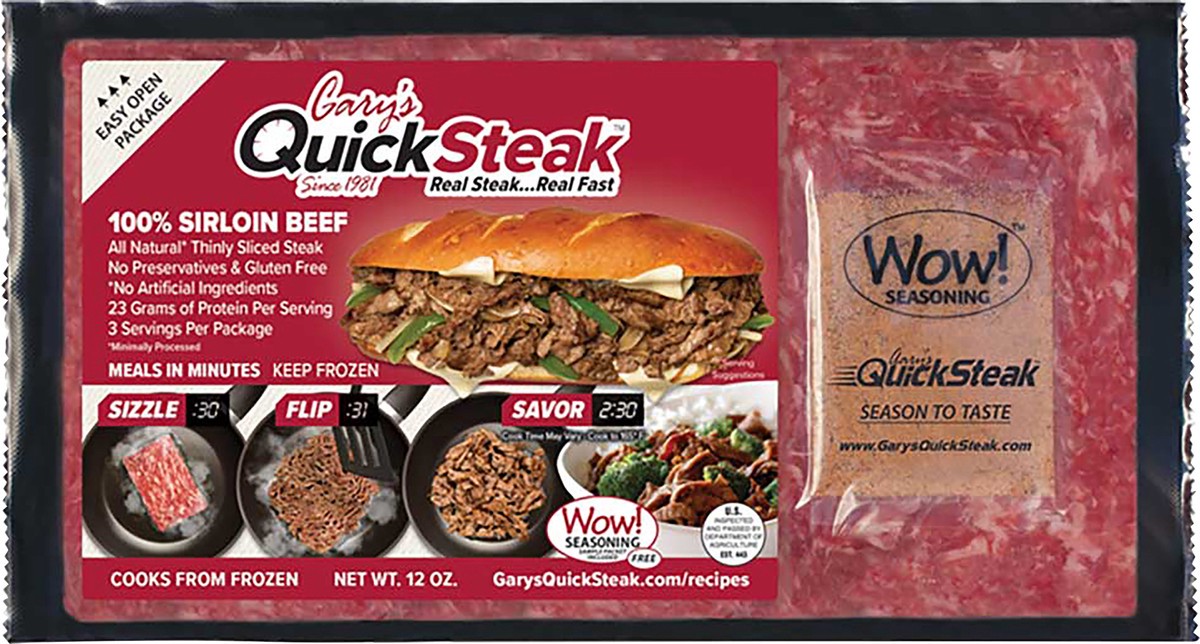 slide 2 of 8, Gary's QuickSteak Gary's Quick Steaks 100% Sirloin Beef, 12 oz