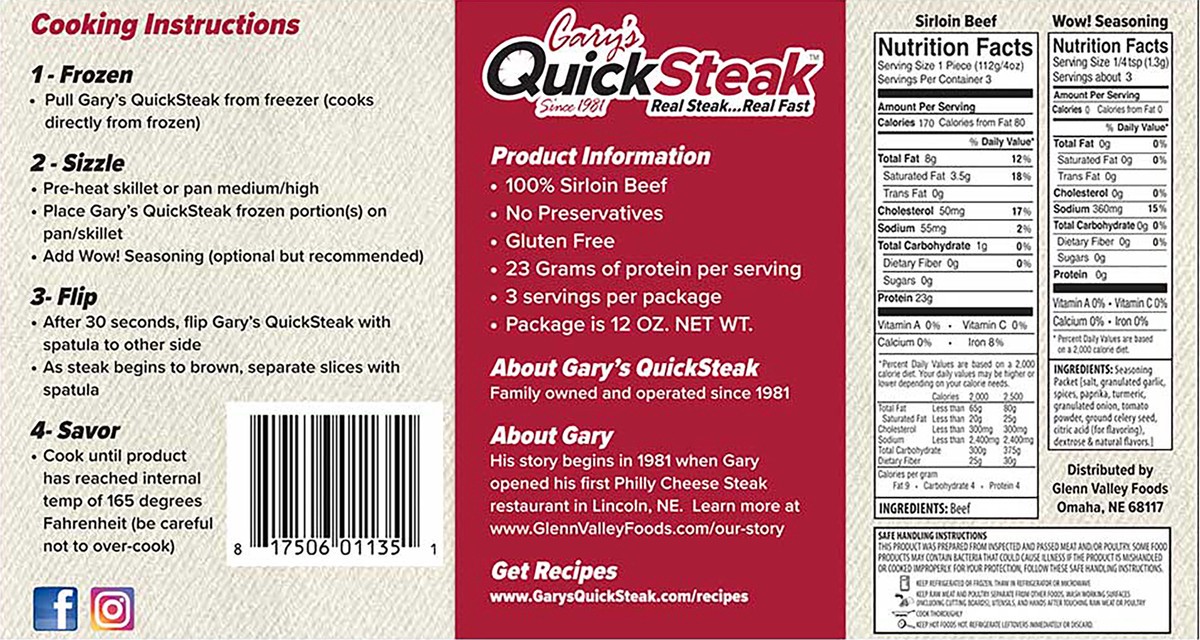 slide 8 of 8, Gary's QuickSteak Gary's Quick Steaks 100% Sirloin Beef, 12 oz
