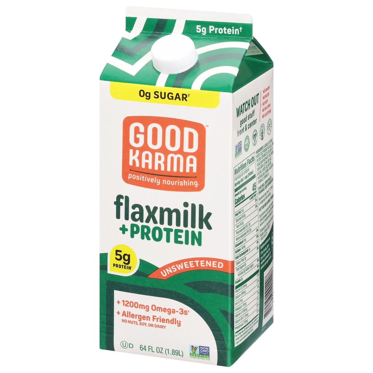 slide 3 of 9, Good Karma Unsweetened Flaxmilk + Protein 64 fl oz, 64 fl oz