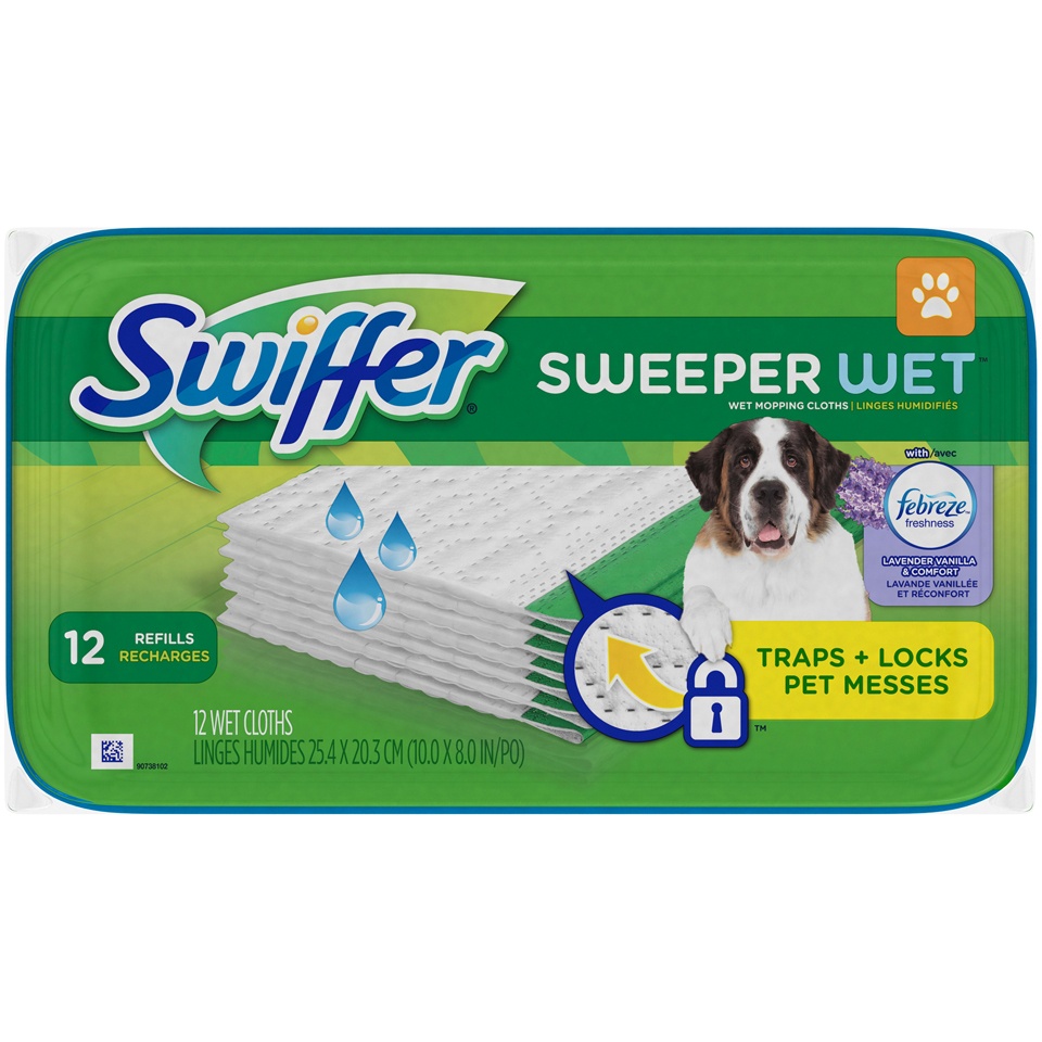 slide 1 of 1, Swiffer Sweeper Wet Mopping Pad Pet Multi Surface Refills For Floor Mop Lavender Vanilla Comfort, 12 ct