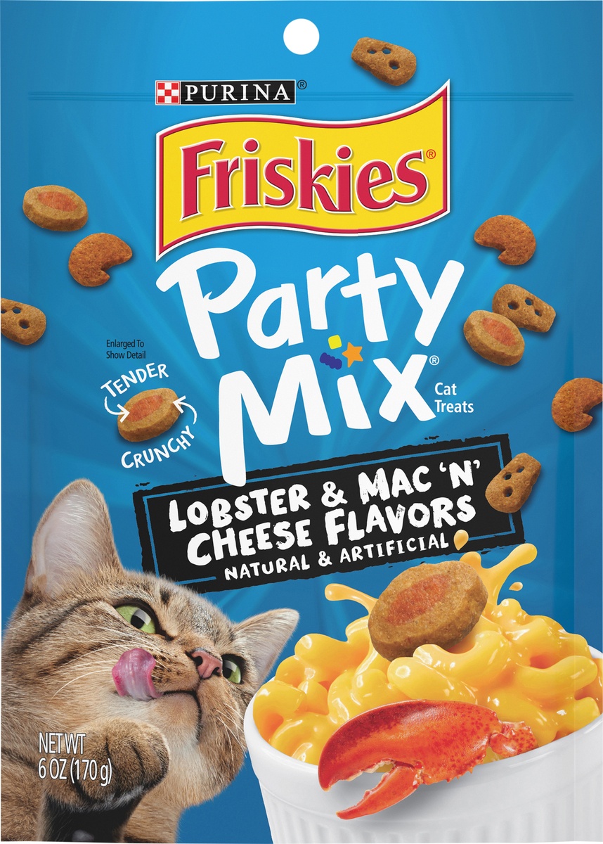 slide 6 of 8, Friskies Party Mix Tender Crunchy Lobster Mac N Cheese Cat Treats Pouch, 6 oz