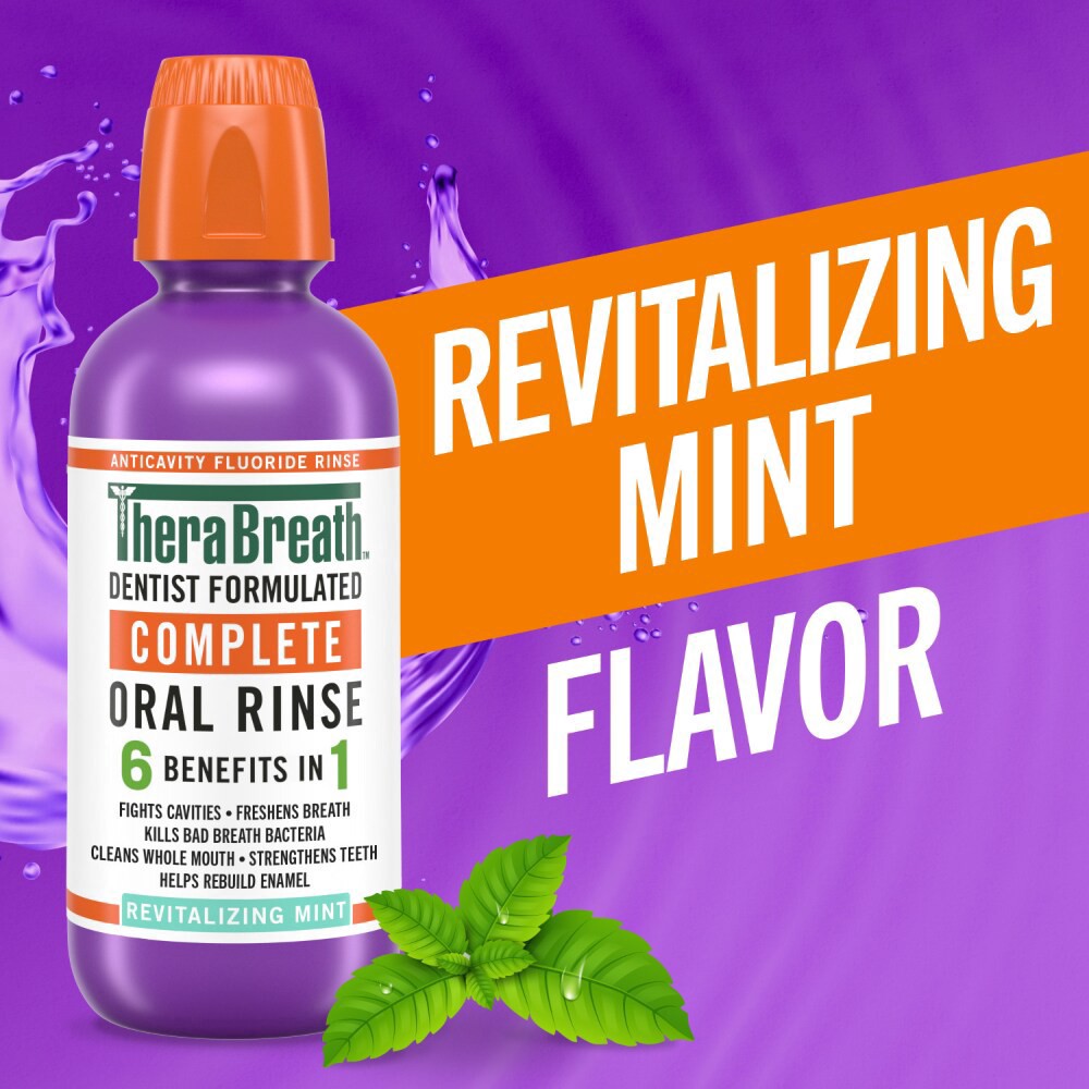 slide 3 of 6, TheraBreath Complete Mouthwash, 6-in-1 Benefits, Alcohol-Free, Revitalizing Mint, 16 fl oz