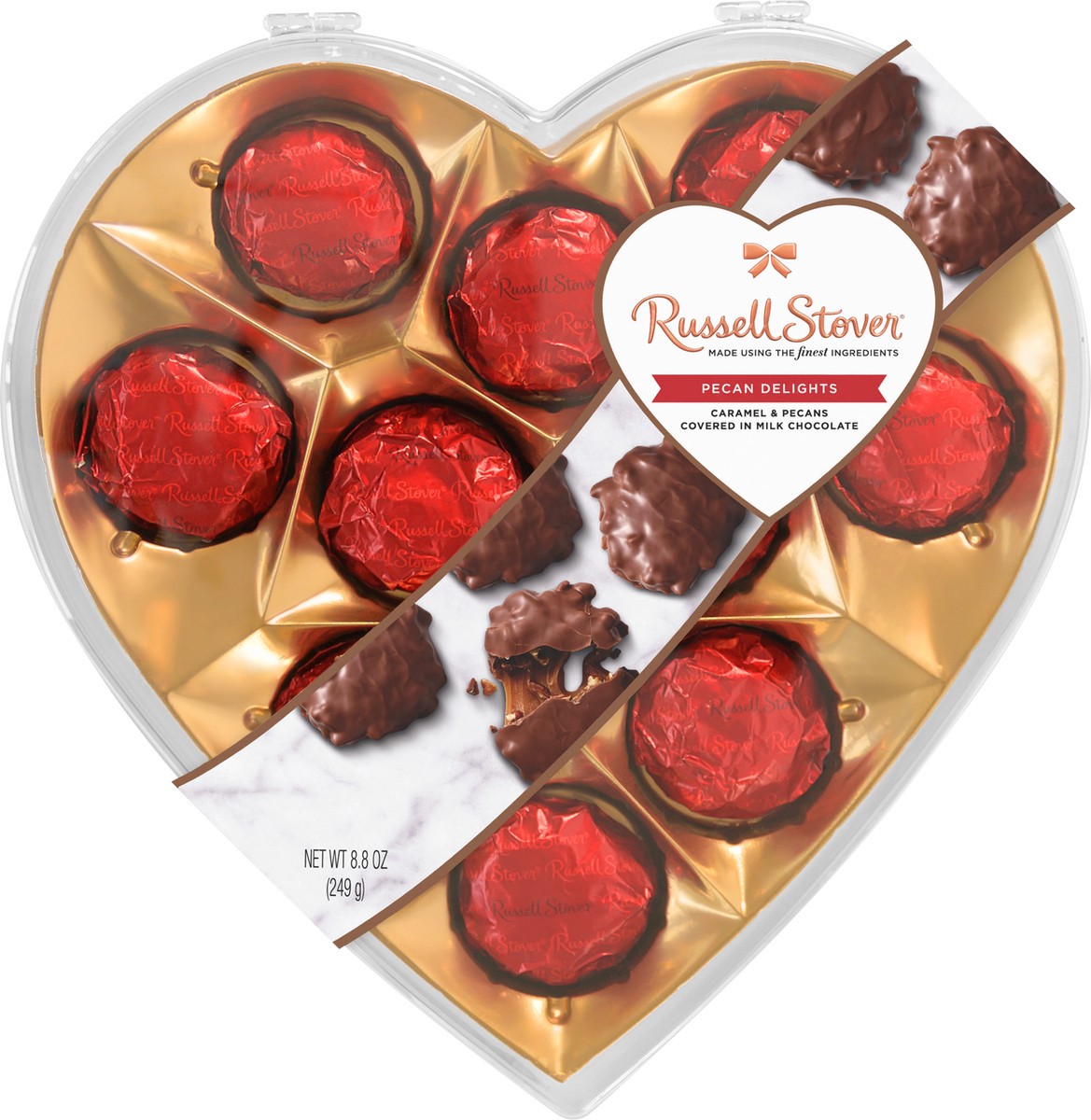 slide 3 of 4, Russell Stover Valentine's Day Clear Heart Pecan Delights Milk Chocolate Gift Box, 8.8 oz. (˜ 10 pieces), 7.2 oz