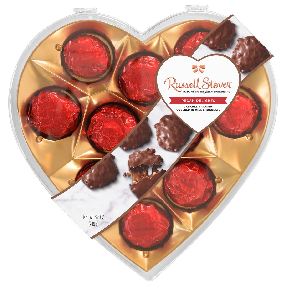 slide 1 of 4, Russell Stover Valentine's Day Clear Heart Pecan Delights Milk Chocolate Gift Box, 8.8 oz. (˜ 10 pieces), 7.2 oz