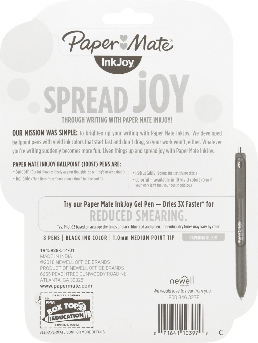 Paper Mate InkJoy Medium Point Ballpoint Black 1.0 mm Pens 8 ea 8 ct