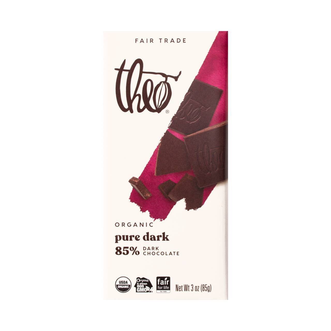 slide 1 of 12, Theo Less Sugar Organic Pure Dark 85% Chocolate 3 oz, 3 oz