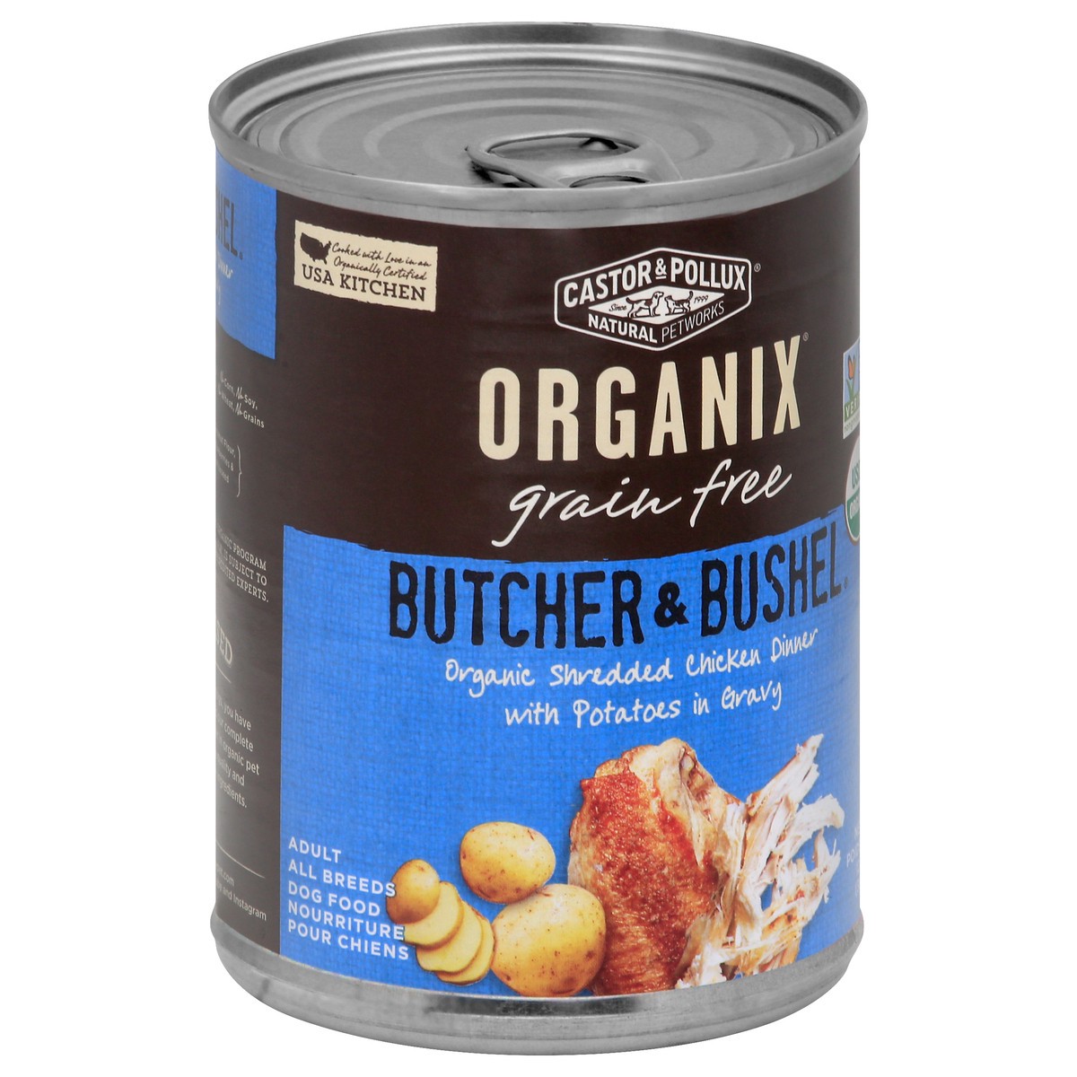 slide 8 of 12, Organix Grain Free Butcher & Bushel Organic Shredded Chicken Dinner with Potatoes in Gravy Dog Food 12.7 oz, 12.7 oz