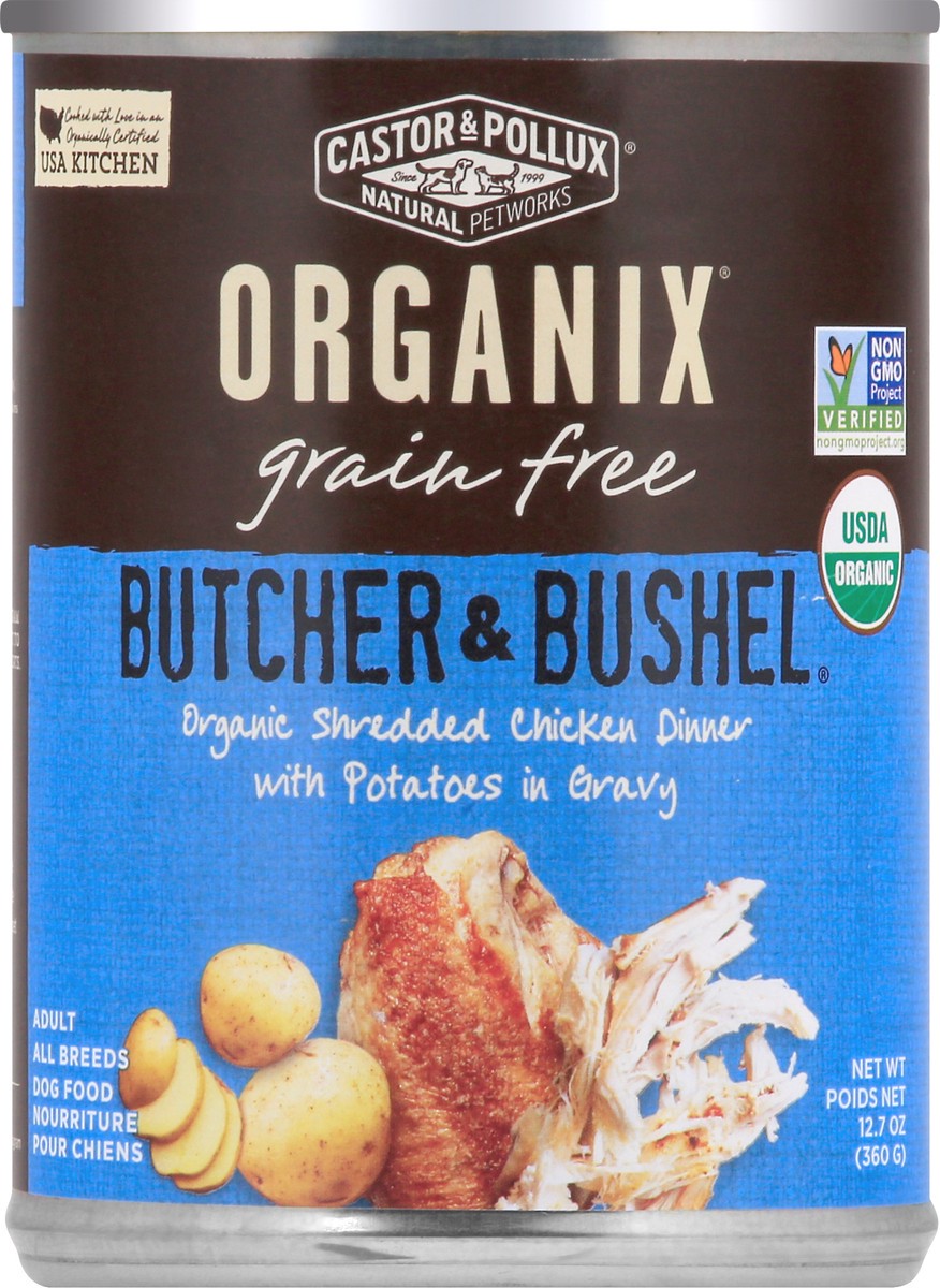 slide 1 of 12, Organix Grain Free Butcher & Bushel Organic Shredded Chicken Dinner with Potatoes in Gravy Dog Food 12.7 oz, 12.7 oz