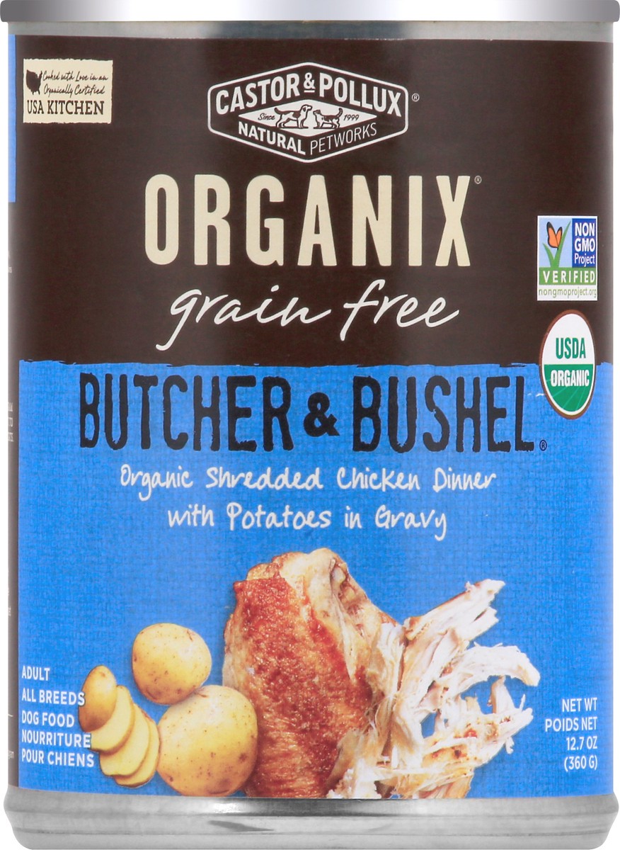 slide 9 of 12, Organix Grain Free Butcher & Bushel Organic Shredded Chicken Dinner with Potatoes in Gravy Dog Food 12.7 oz, 12.7 oz