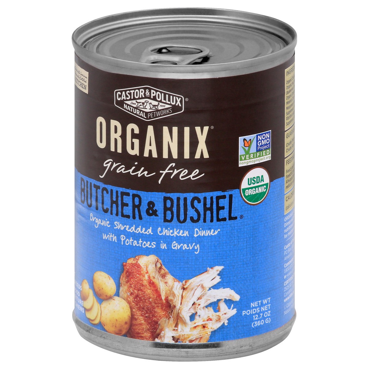 slide 7 of 12, Organix Grain Free Butcher & Bushel Organic Shredded Chicken Dinner with Potatoes in Gravy Dog Food 12.7 oz, 12.7 oz